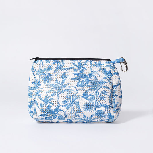 Blue and white toiletry pouch with allover leaf print, zip top, and metal keyring