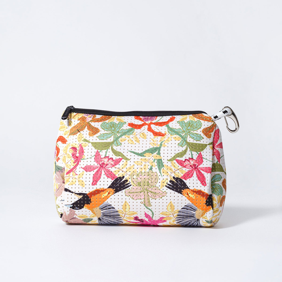Printed zip pouch with colorful floral-leaf pattern and metal key ring, flat front