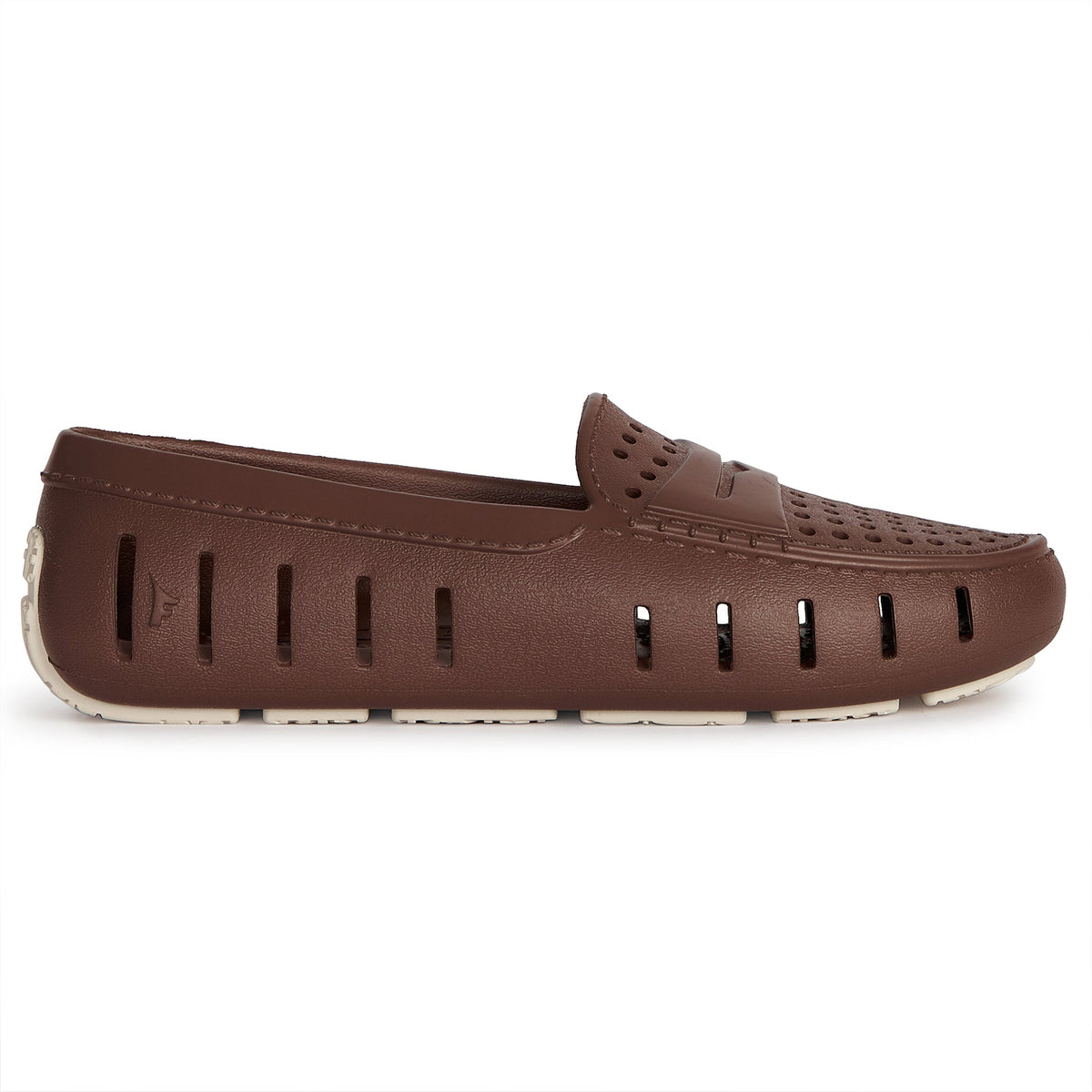 Brown perforated slip-on clog with ridged sole and side vent details