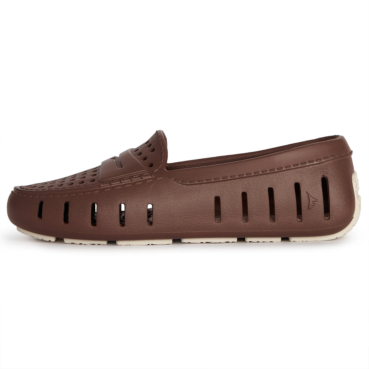 Brown perforated slip-on clog with textured ridged outsole and side vents
