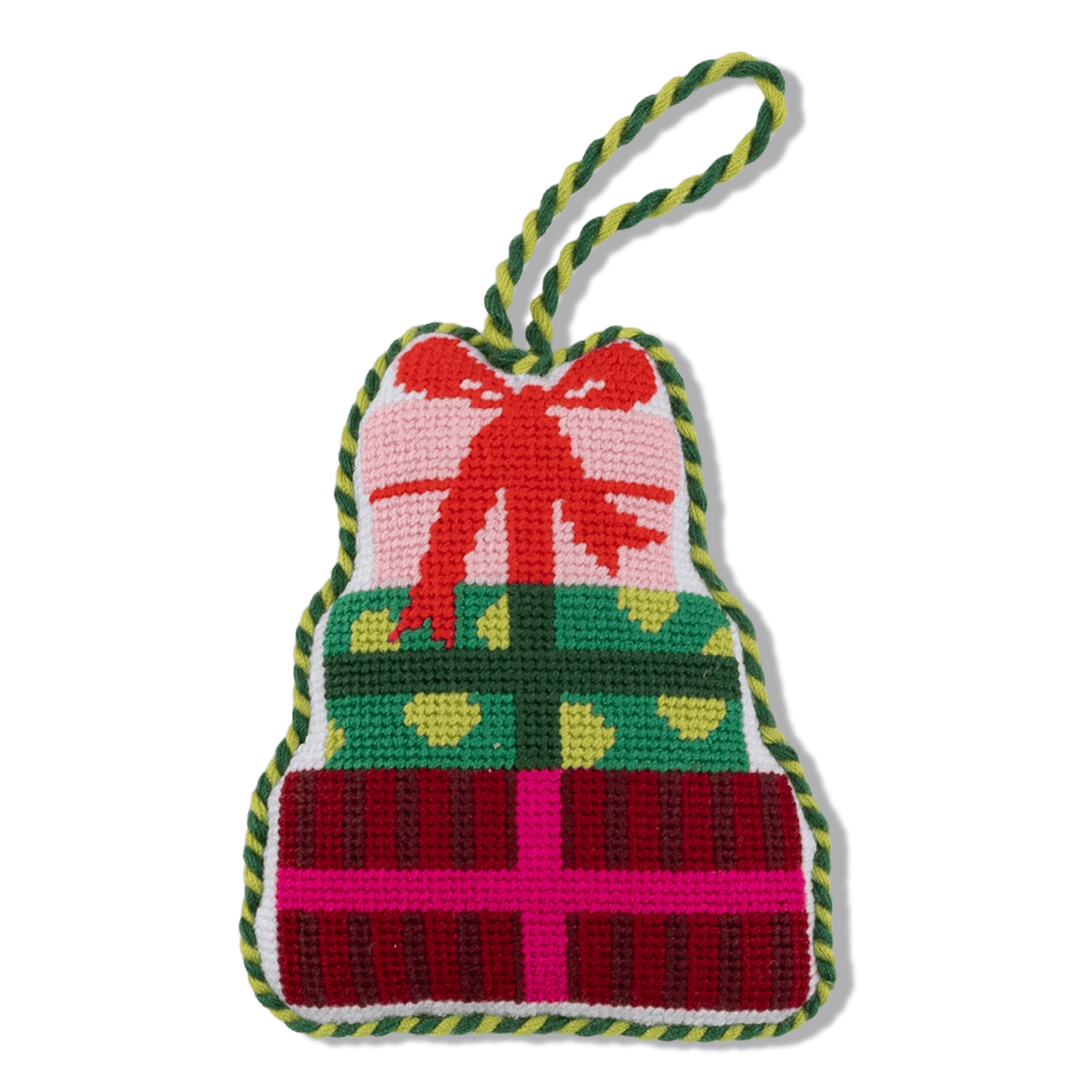 Needlepoint present icon ornament with stitched red bow and green base