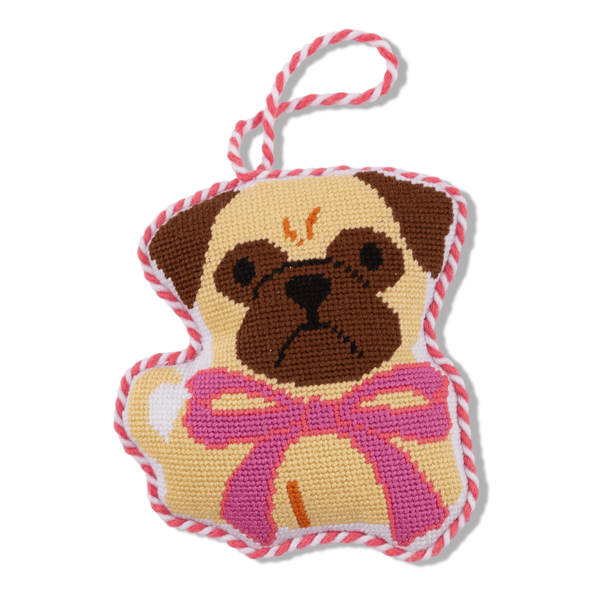 Needlepoint pug icon ornament with tan and brown dog face, striped loop