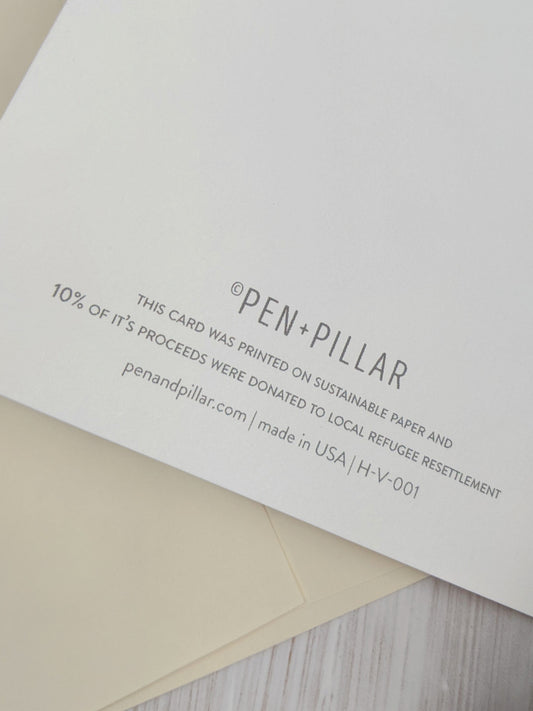 Pen+Pillar paper greeting card back with printed text and 10% proceeds note