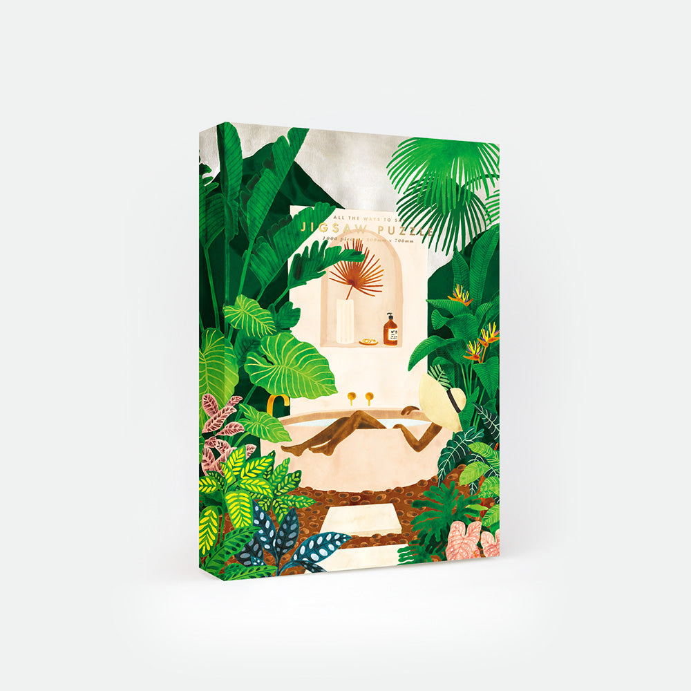 Tropical jigsaw puzzle box with jungle artwork and bathtub scene