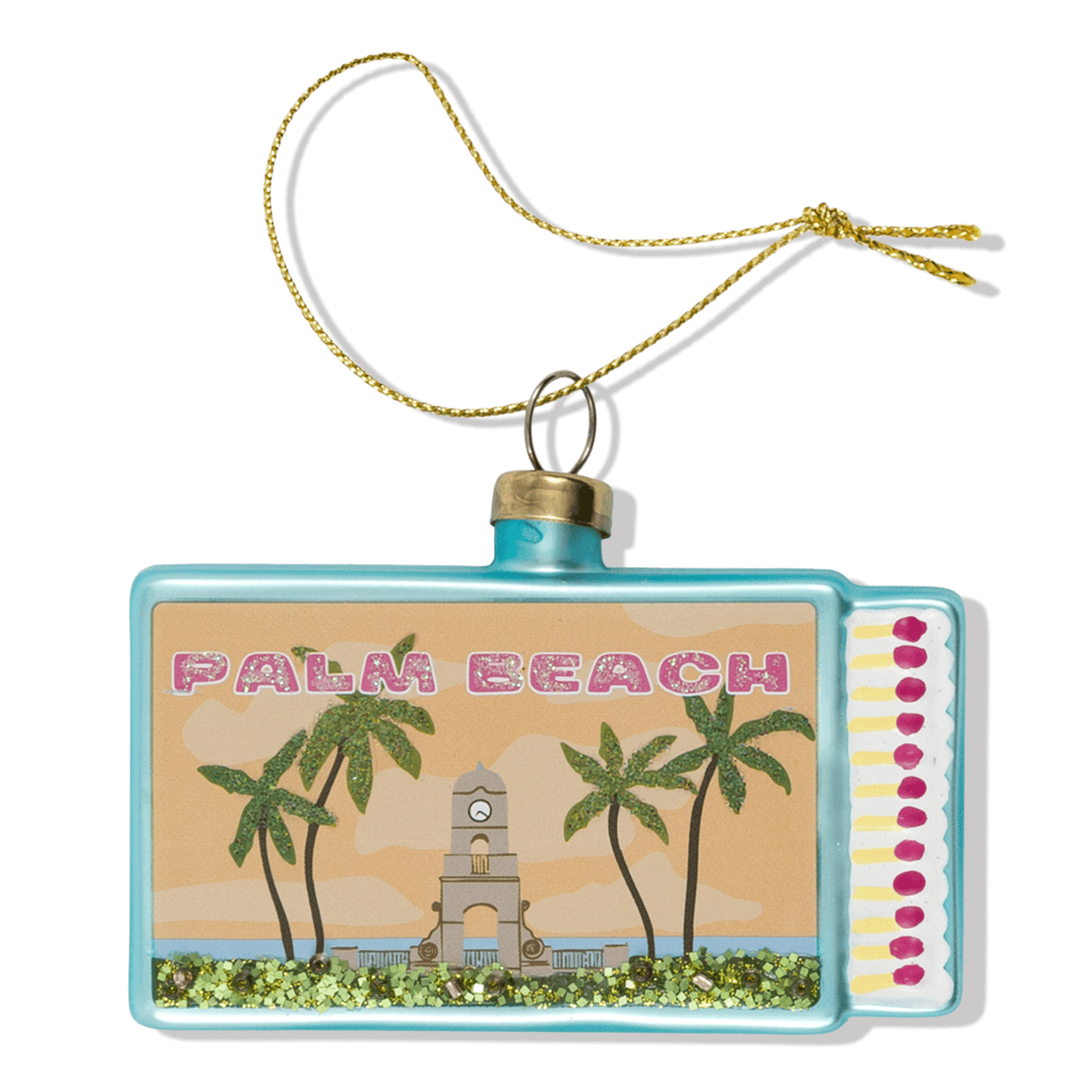 Palm Beach matchbook ornament with blue frame, gold top, and hanging loop