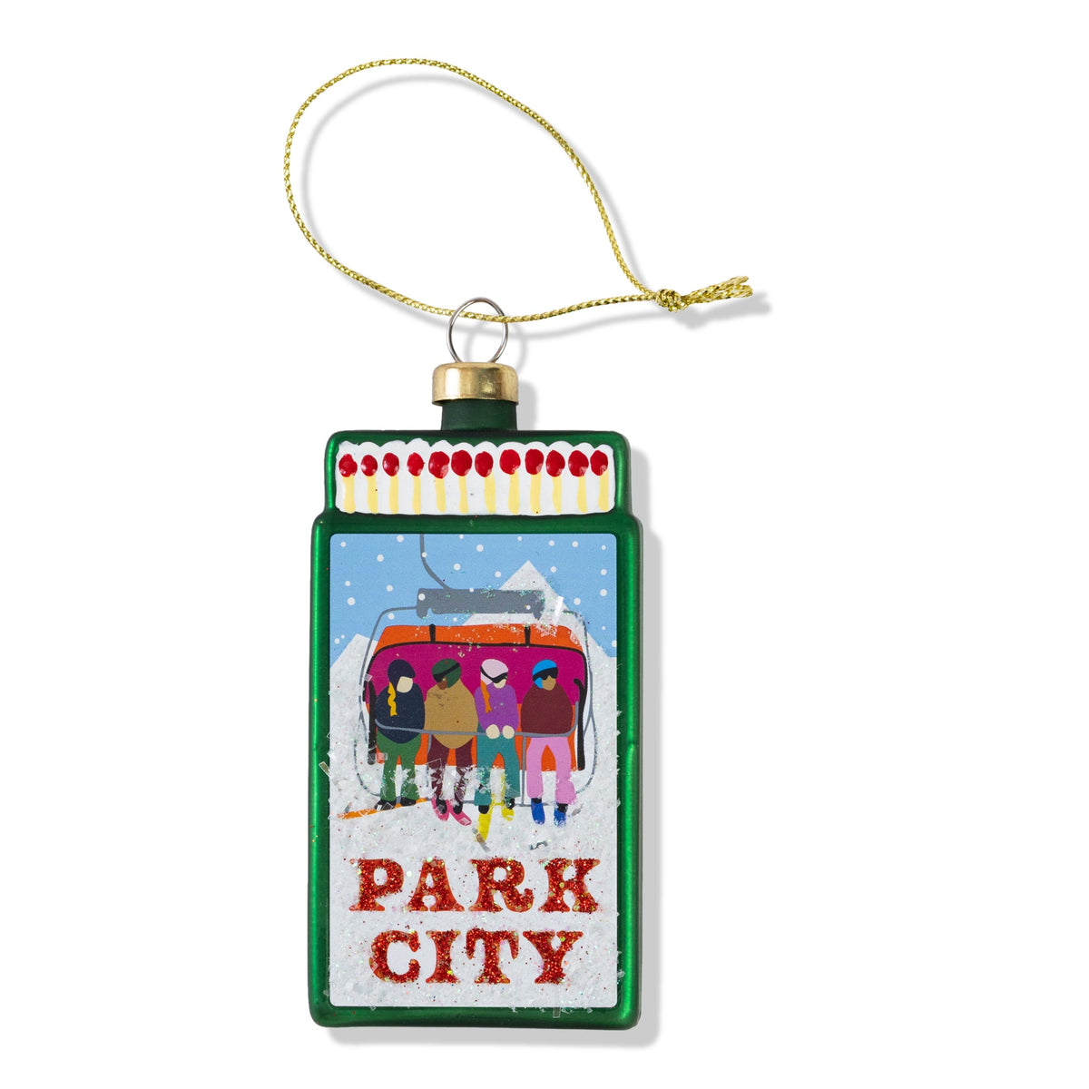 Park City matchbook ornament with green frame, gold loop, and PARK CITY text.
