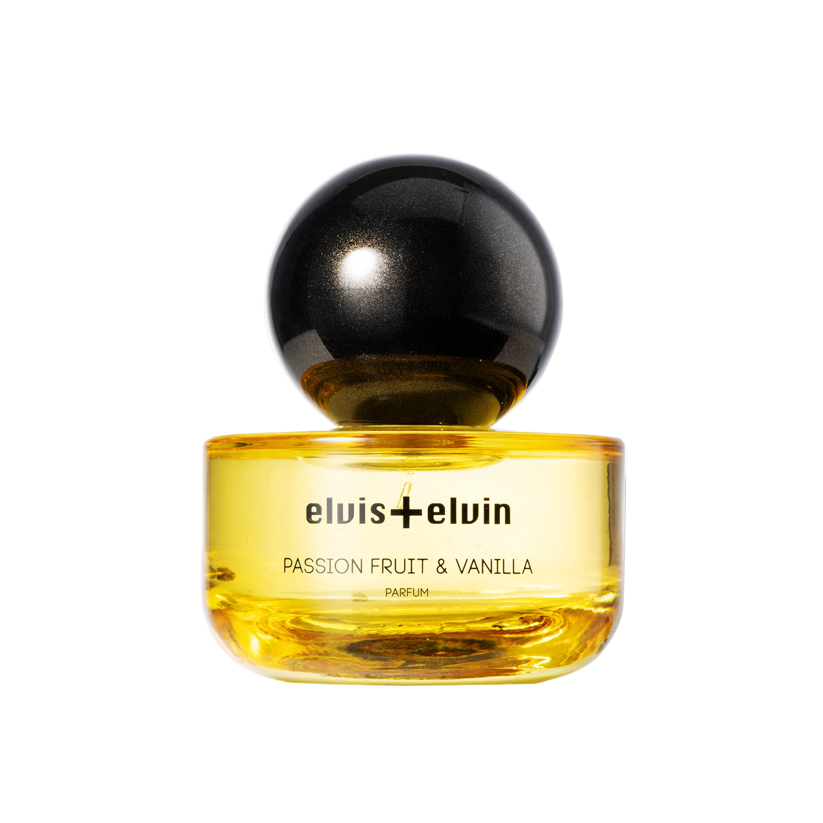 Passion fruit & vanilla parfum bottle with black spherical cap and amber glass