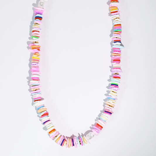 Pastel gemstone beaded necklace with multicolor disc beads and small silver clasps