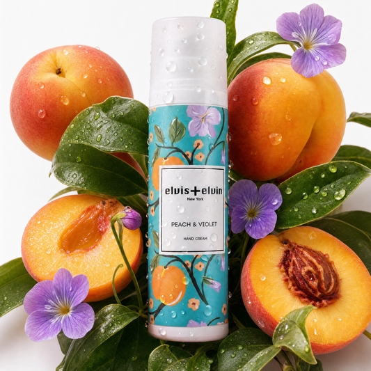 Fragrance hand cream bottle with teal Peach & Violet floral label, elvis+elvin
