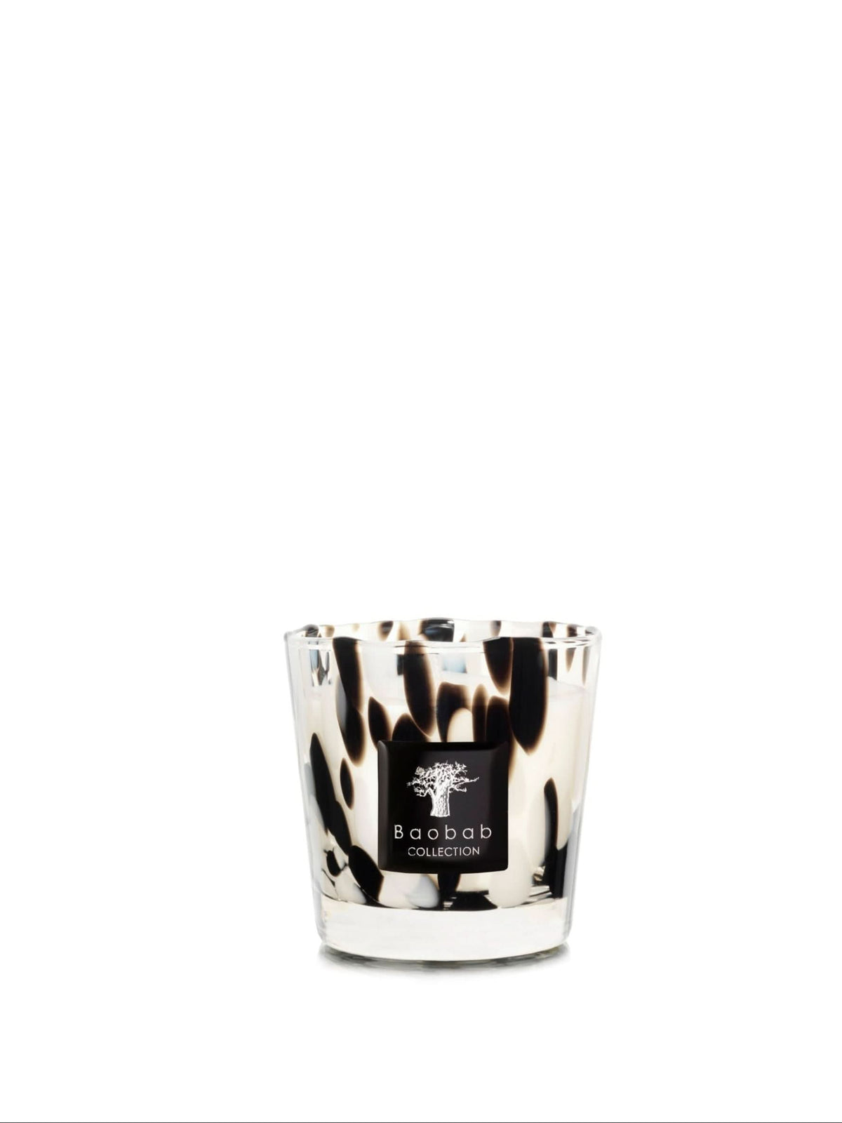 Baobab Black Pearls candle in leopard-print glass with black label