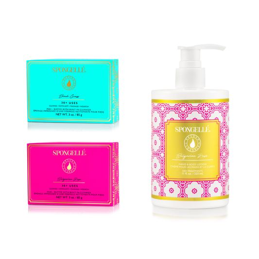 Pedi buffer and body lotion set with pink & teal boxes and pump lotion bottle