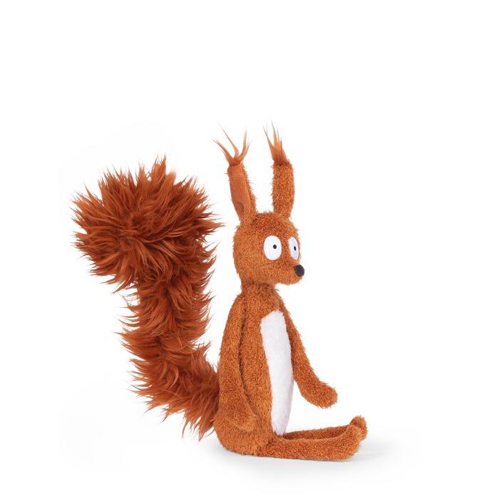 Brown plush squirrel toy with long tail tuft, sitting pose with raised ears
