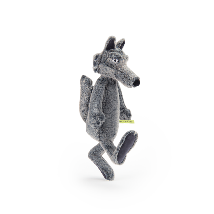 Grey wolf plush toy on hind legs, side view