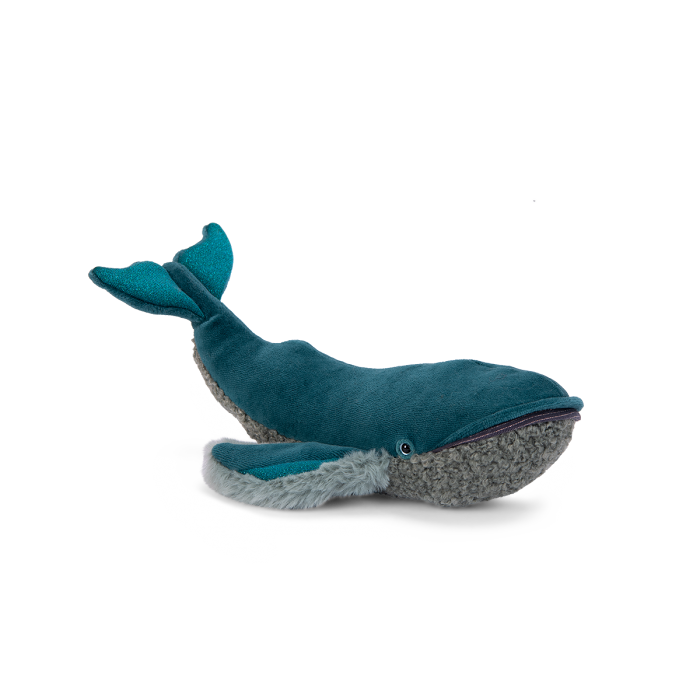 Small plush whale with a teal body, gray textured underside, fins, and a stitched eye.