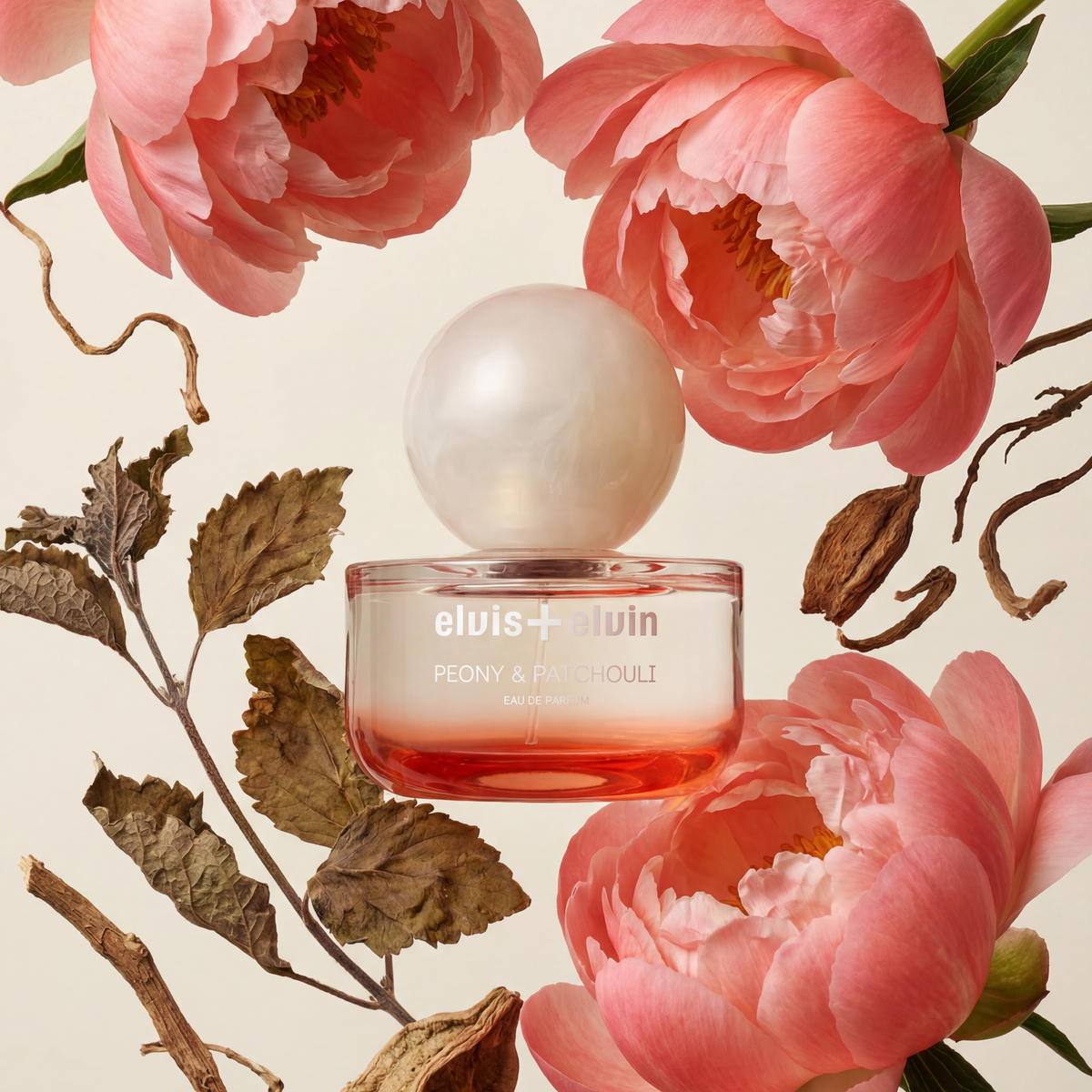 Peony & patchouli eau de parfum jar among pink peonies and brown leaves