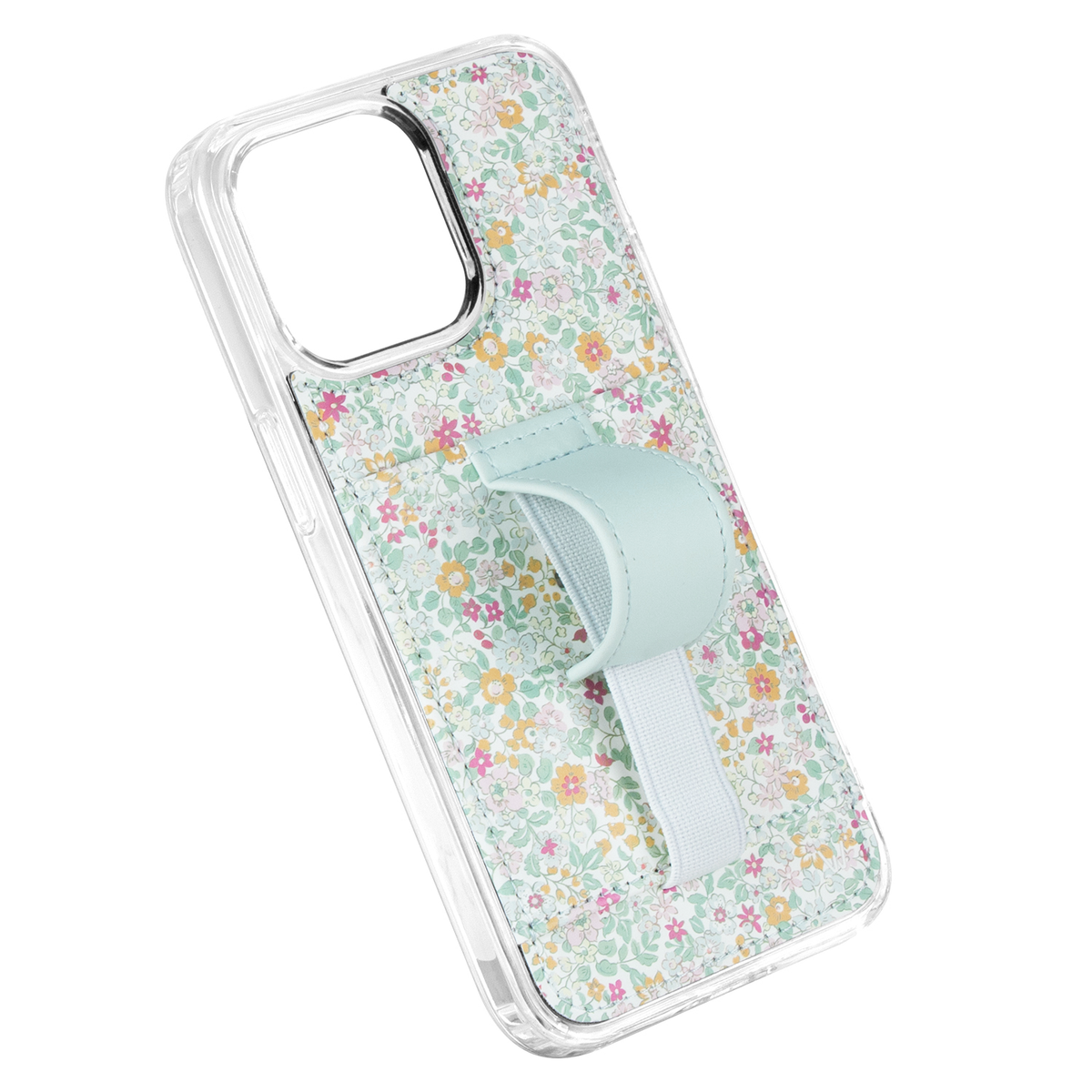 Petal Garden clear phone case with floral print and light blue strap detail