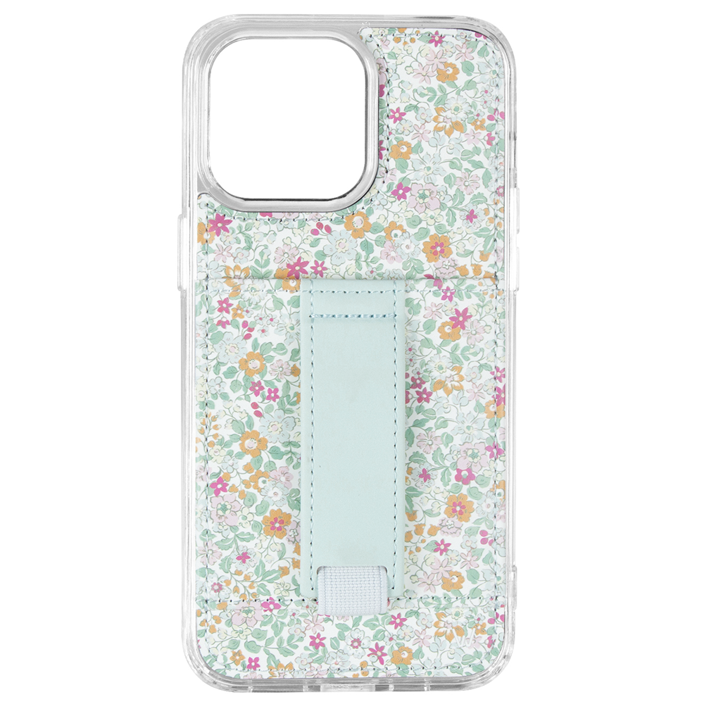 Petal Garden clear phone case with multicolor floral print and light blue card holder