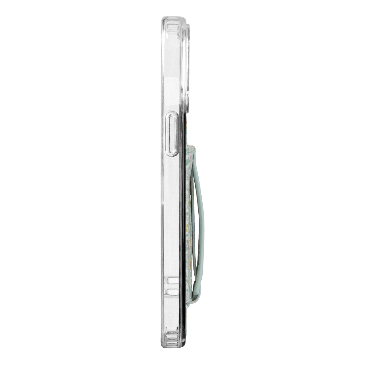 Clear phone case side view with covered buttons and raised screen edges