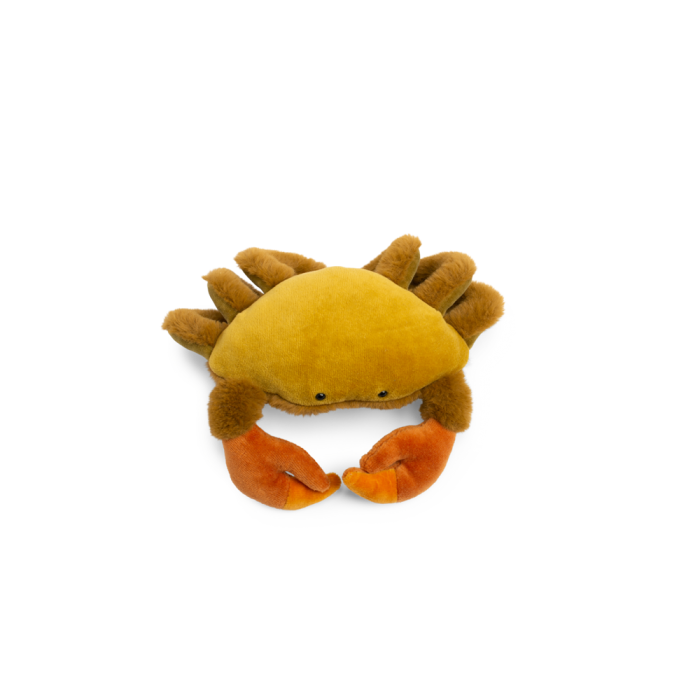 Small plush crab viewed from above, with a yellow body and orange claws