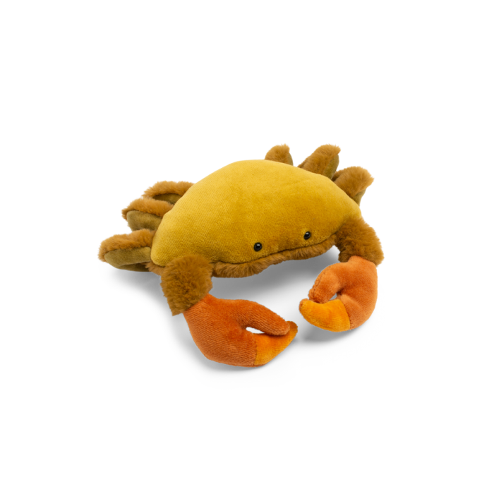 Small plush crab with a golden yellow body, brown legs, and orange claws
