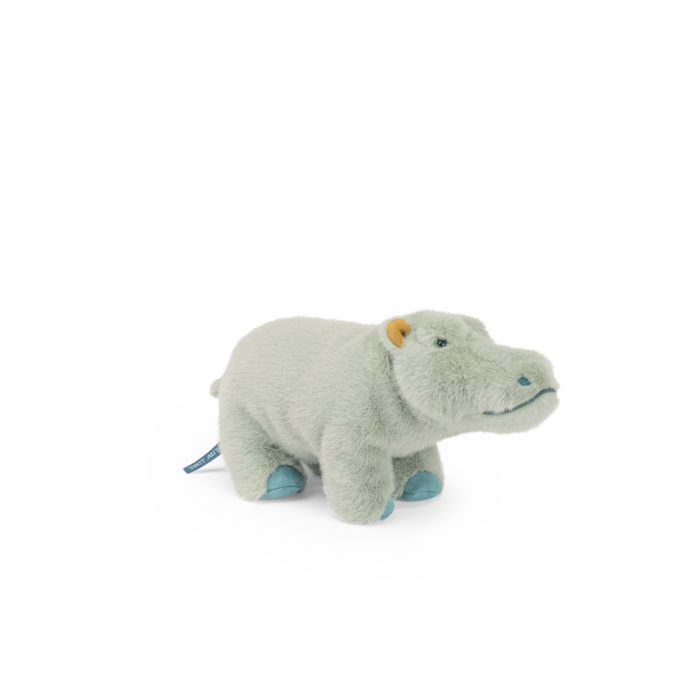 Light gray hippopotamus plush toy with orange ear patch and blue feet on a white base.