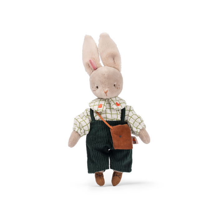 Nine the Rabbit plush toy wearing a checked shirt, dark green trousers, and a brown crossbody satchel