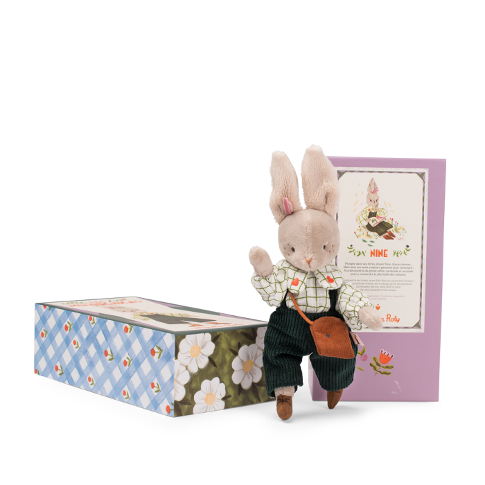 Nine the Rabbit plush toy with checked shirt, dark green trousers, brown satchel, and illustrated box