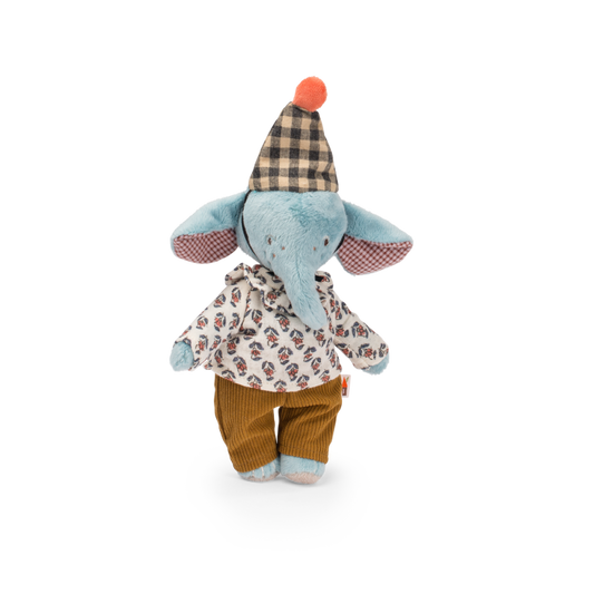 Stuffed elephant plush doll with blue ears, patterned outfit, striped legs, point hat