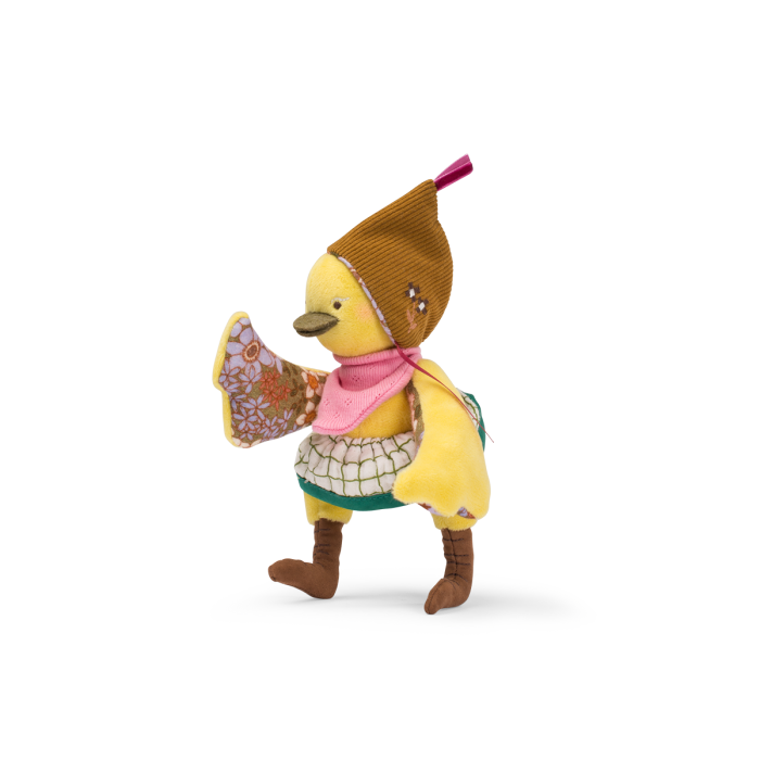 Plush duck character in pink dress, brown shoes and striped hat with wings