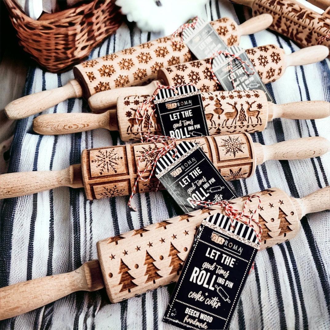 Christmas wooden rolling pin set with assorted embossed holiday designs and gift tags