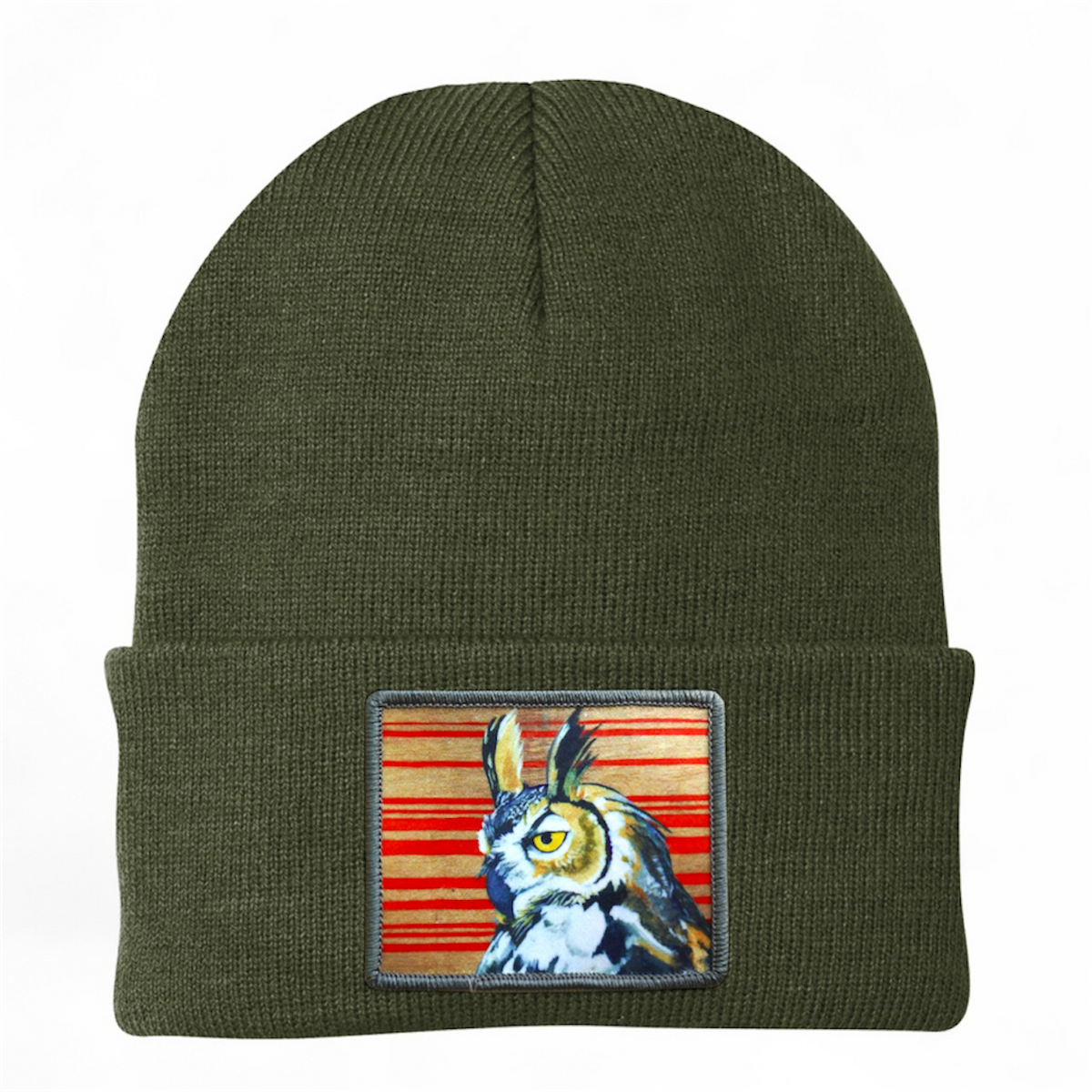 Olive knit beanie with rectangular owl patch