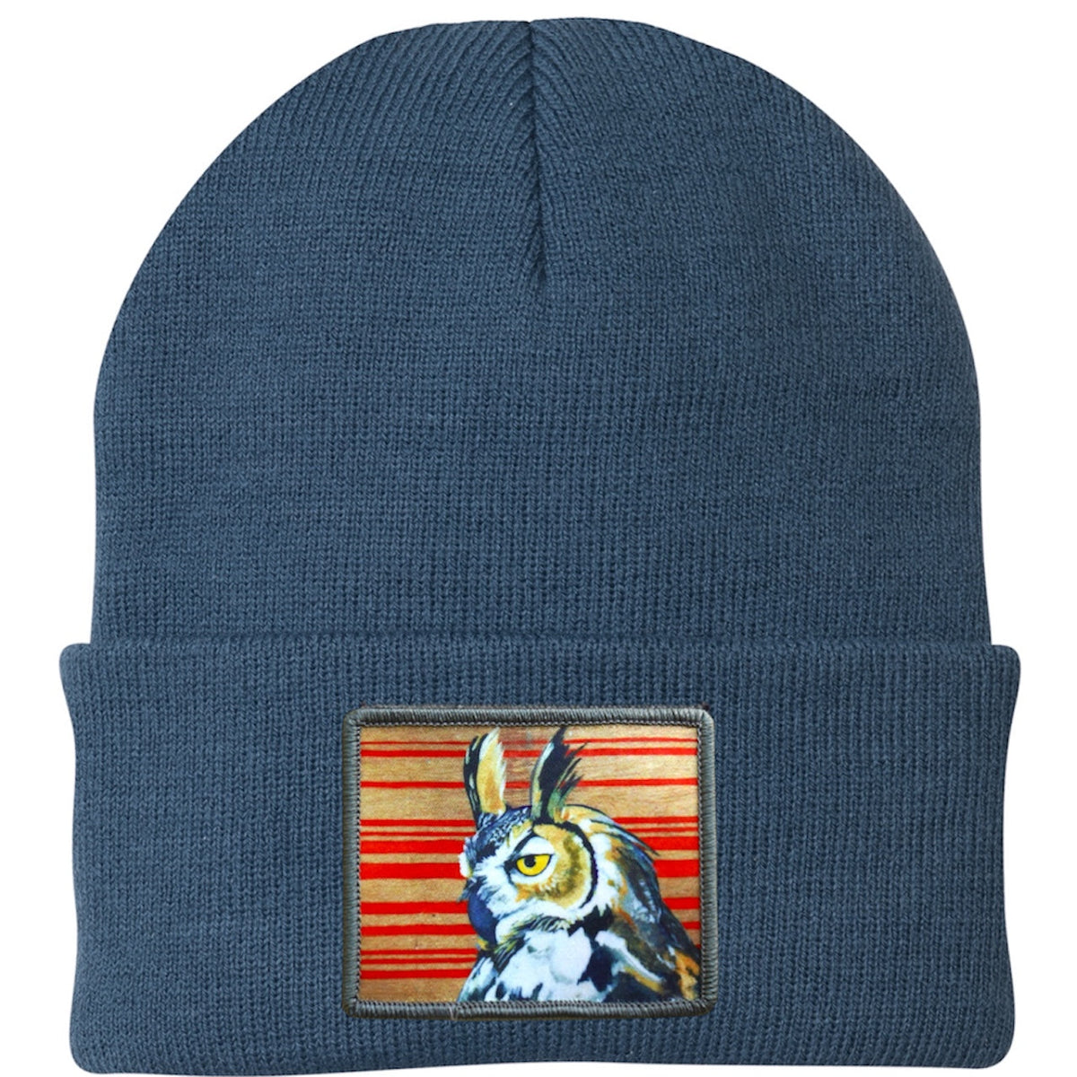 Dusty blue knit beanie with rectangular owl patch