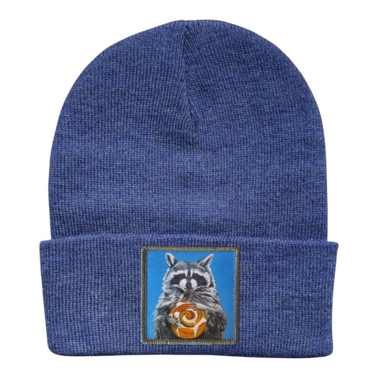 Heather blue knit beanie with embroidered raccoon patch on the cuff
