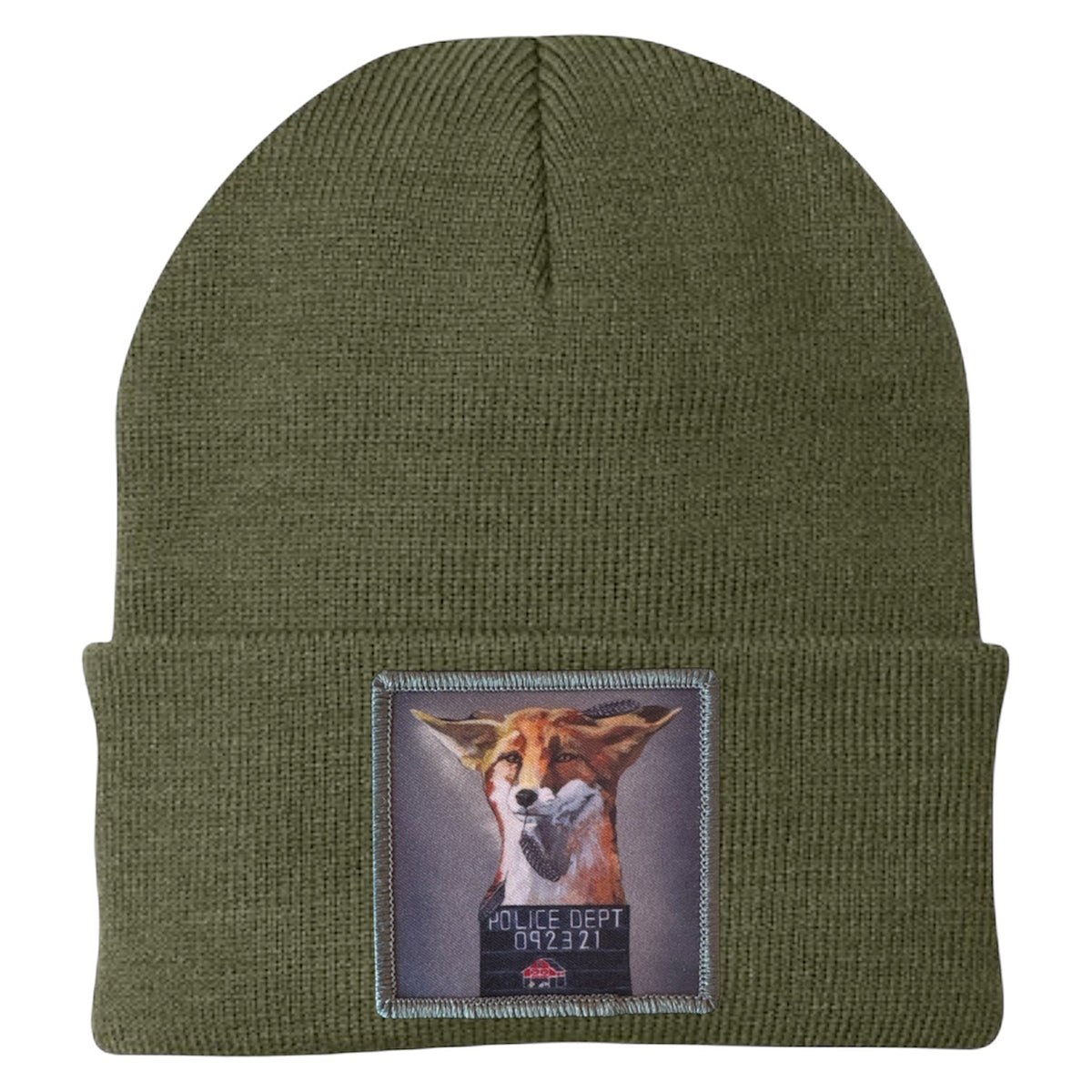 Olive knit fox beanie with front rectangular embroidered patch