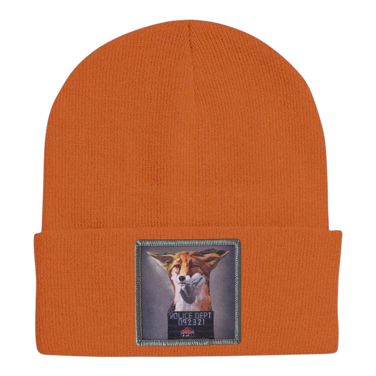 Burnt orange knit fox beanie with front rectangular embroidered patch