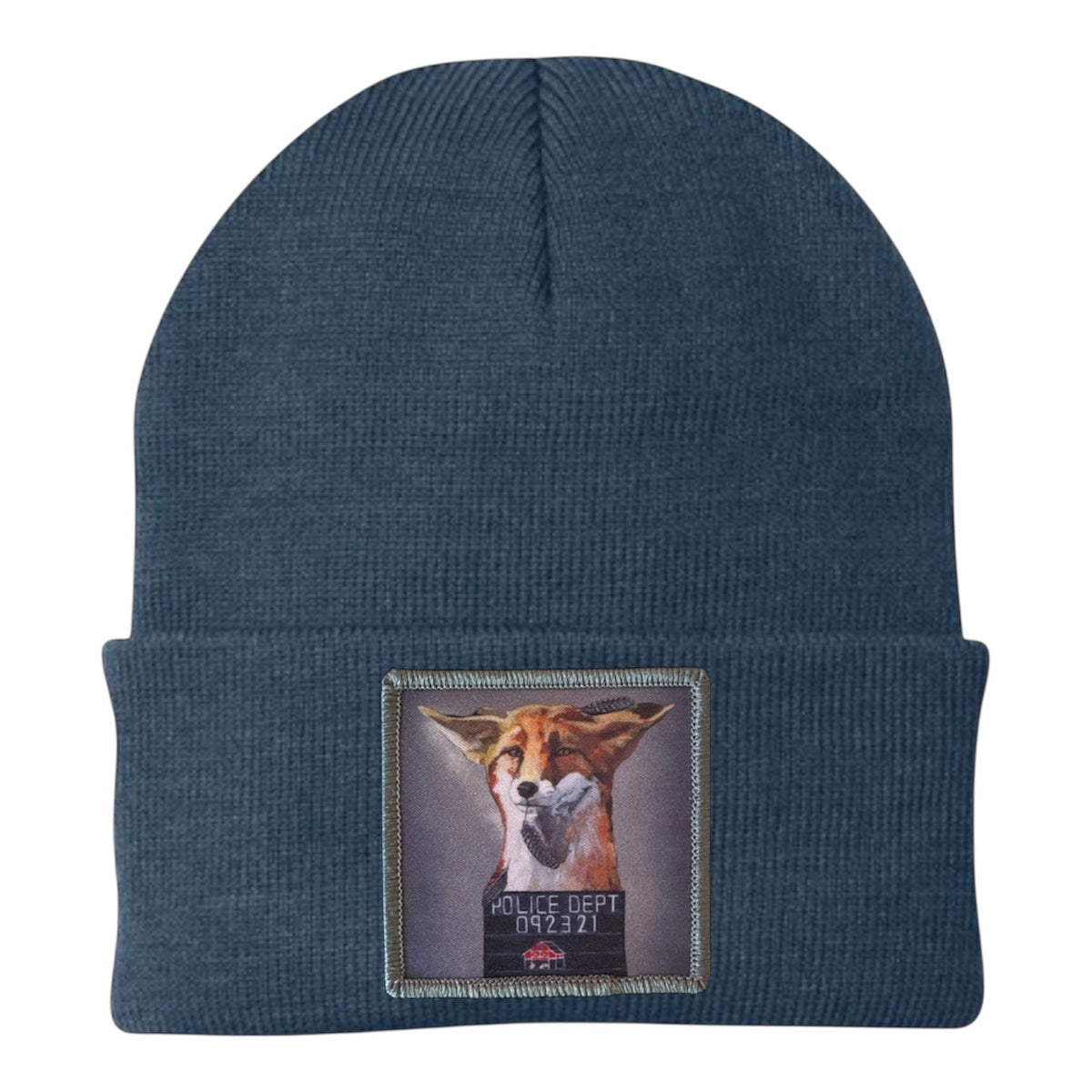 Navy knit fox beanie with front rectangular embroidered patch