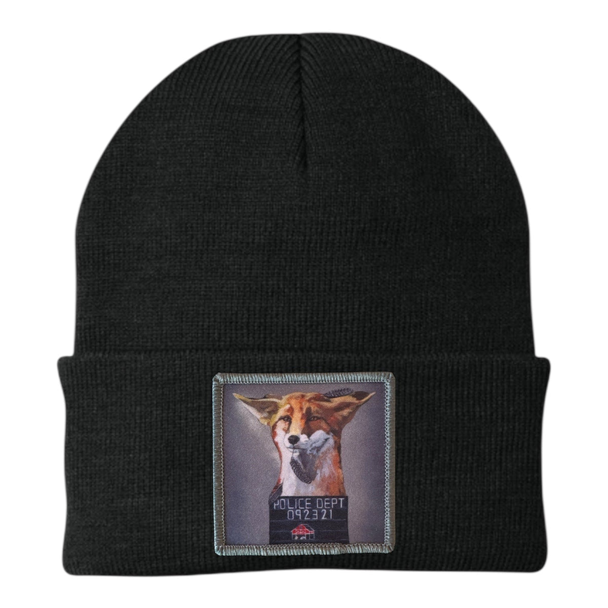 Black knit fox beanie with front rectangular embroidered patch