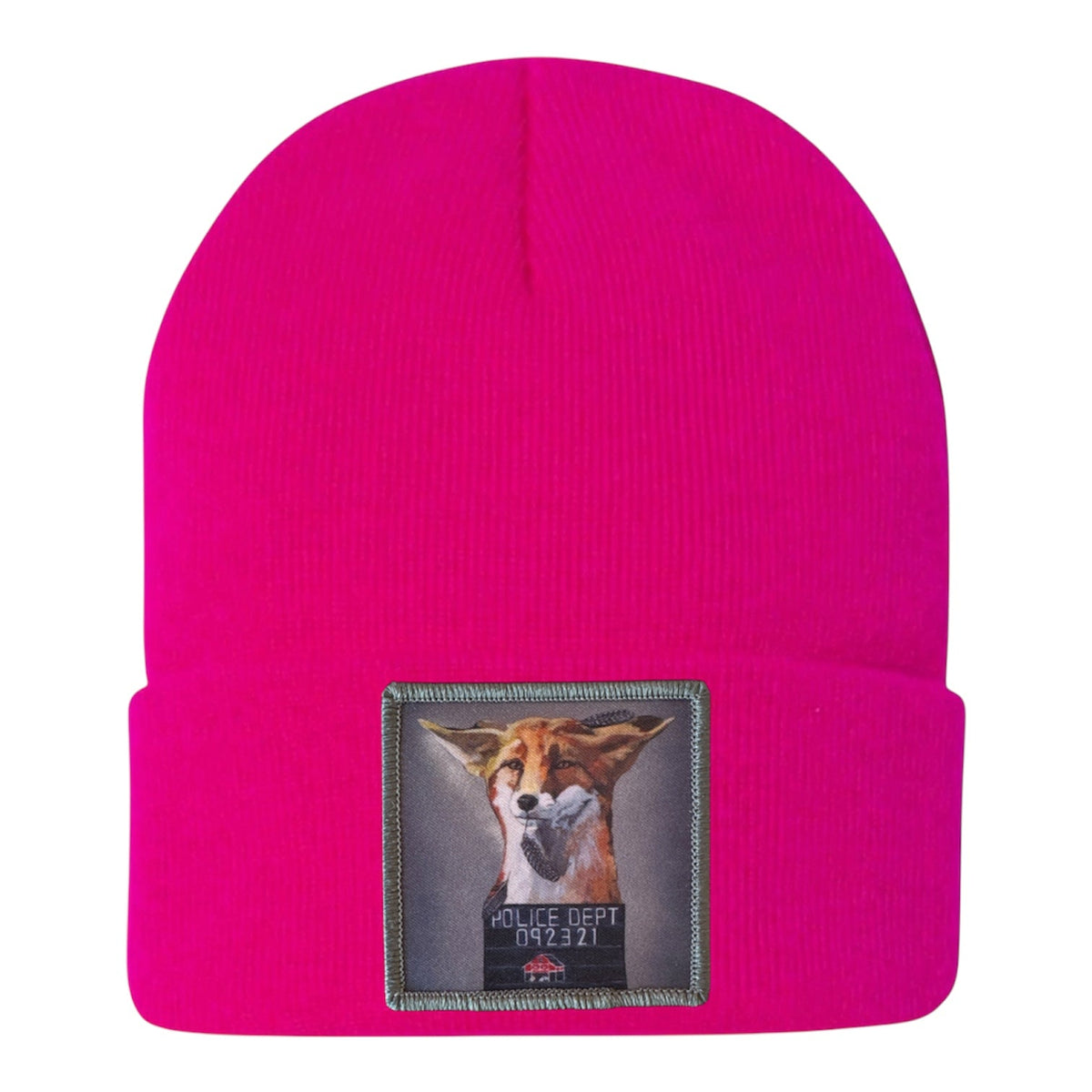Fuchsia knit fox beanie with front rectangular embroidered patch