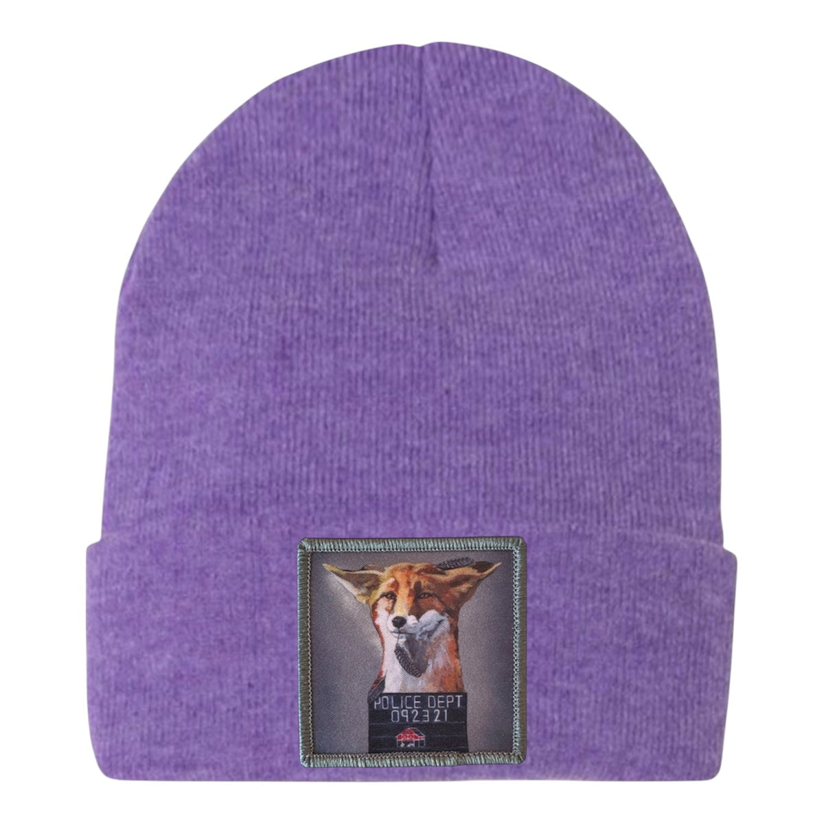 Heather purple knit fox beanie with front rectangular embroidered patch