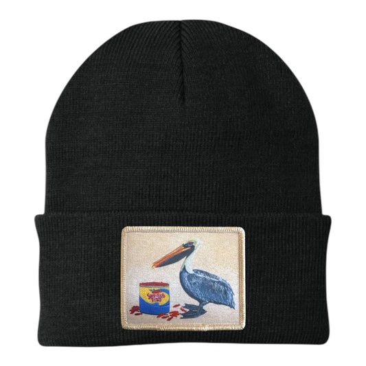 Black knit beanie with embroidered pelican patch on front