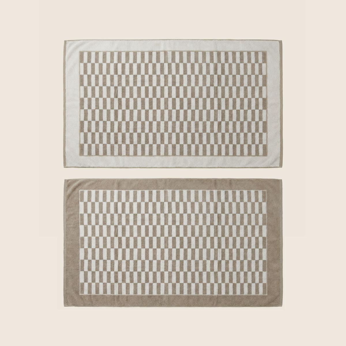 Set of two rectangular cotton towels with beige check plaid inset
