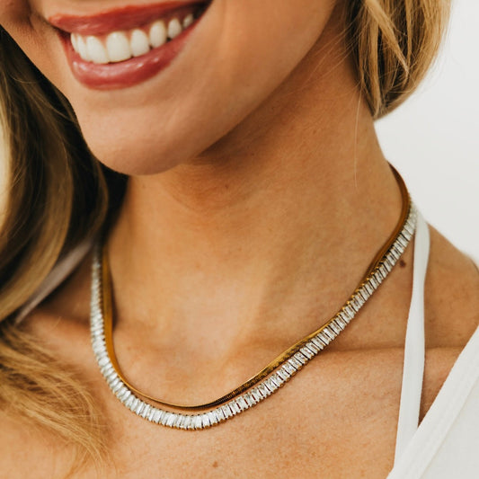 Gold layered choker necklace with two rhinestone-style rows