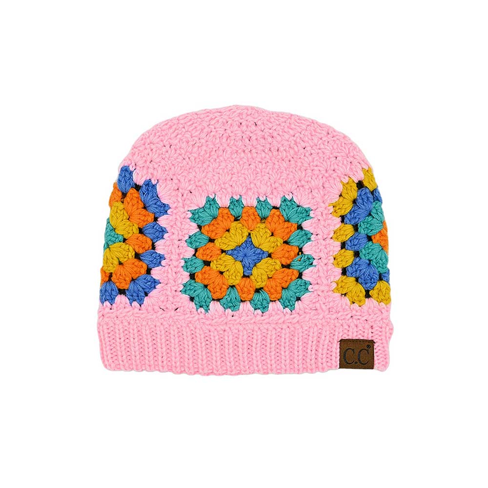 C.C multicolor crochet beanie with pink body and floral granny-square pattern