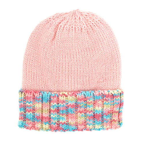 Pink knit fleece beanie with rainbow multicolor folded cuff