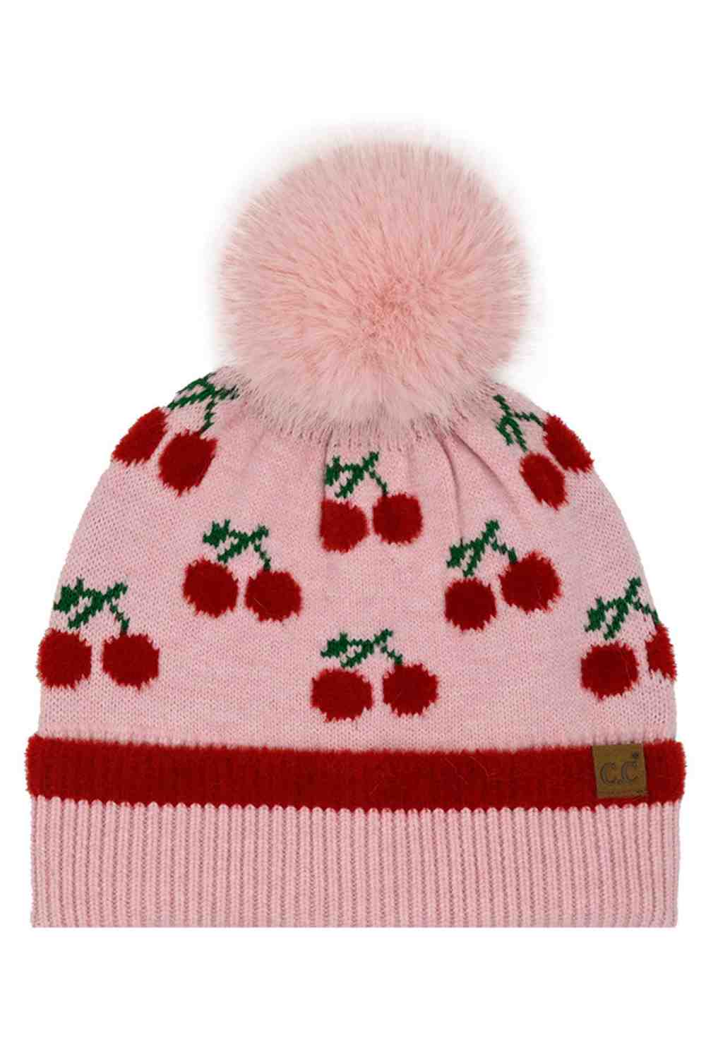 CC cherry-pattern pom beanie, pink with pink pom and red cherries with green leaves