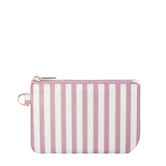 Pink striped zippered pouch with wrist strap and gold-tone zipper pull