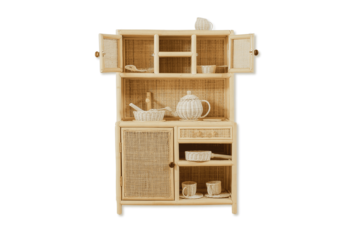 Montessori-Style Rattan Play Kitchen | Natural Pretend Play Station with Storage FREE SHIPPING