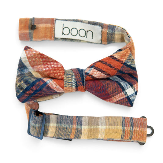 Boys plaid bow tie in orange, blue, and cream with attached neck strap