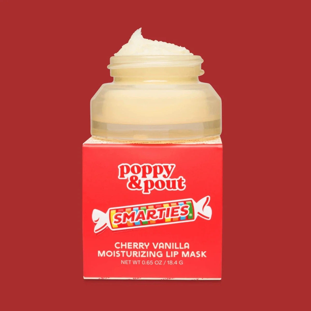 Lip mask jar with red Cherry Vanilla label and open white lid