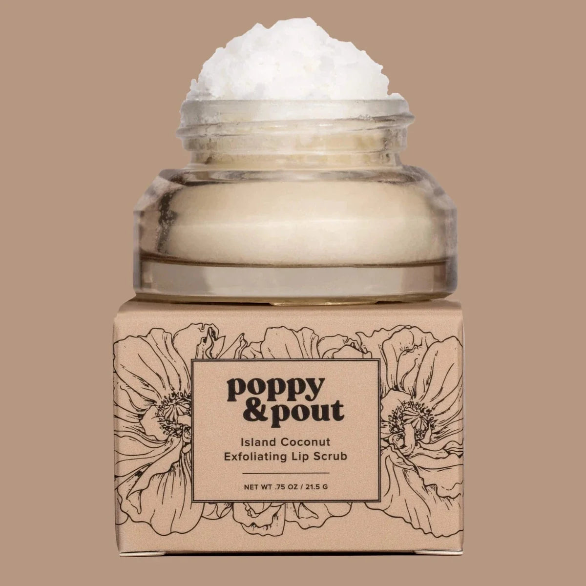 Island coconut lip scrub jar with white scrub texture